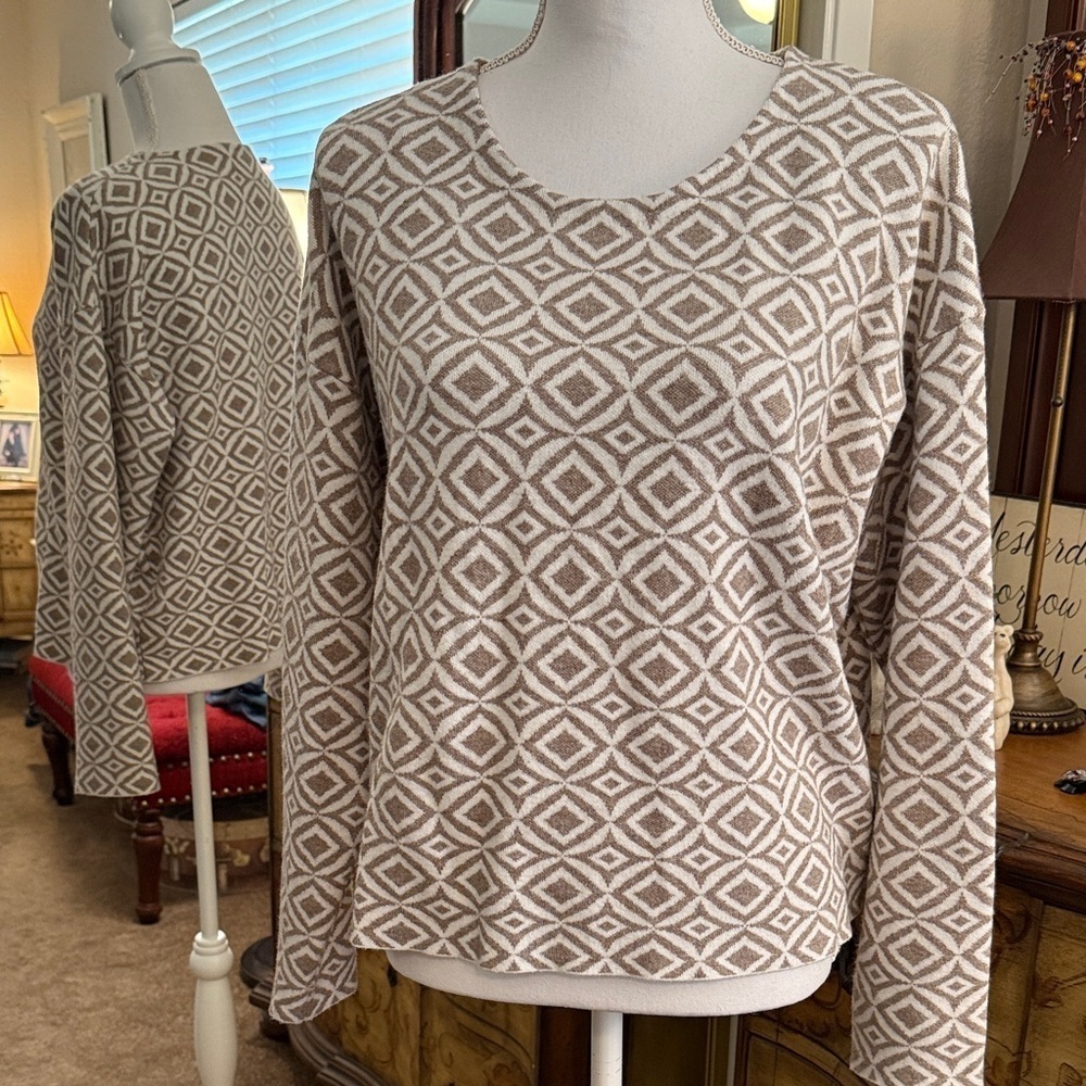 Halston Heritage Geometric Pattern Sweater in Cream and Brown